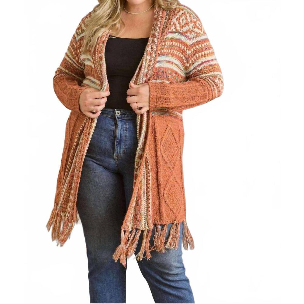 NEW ADORA maya fringe hem aztec cardigan -plus in rust